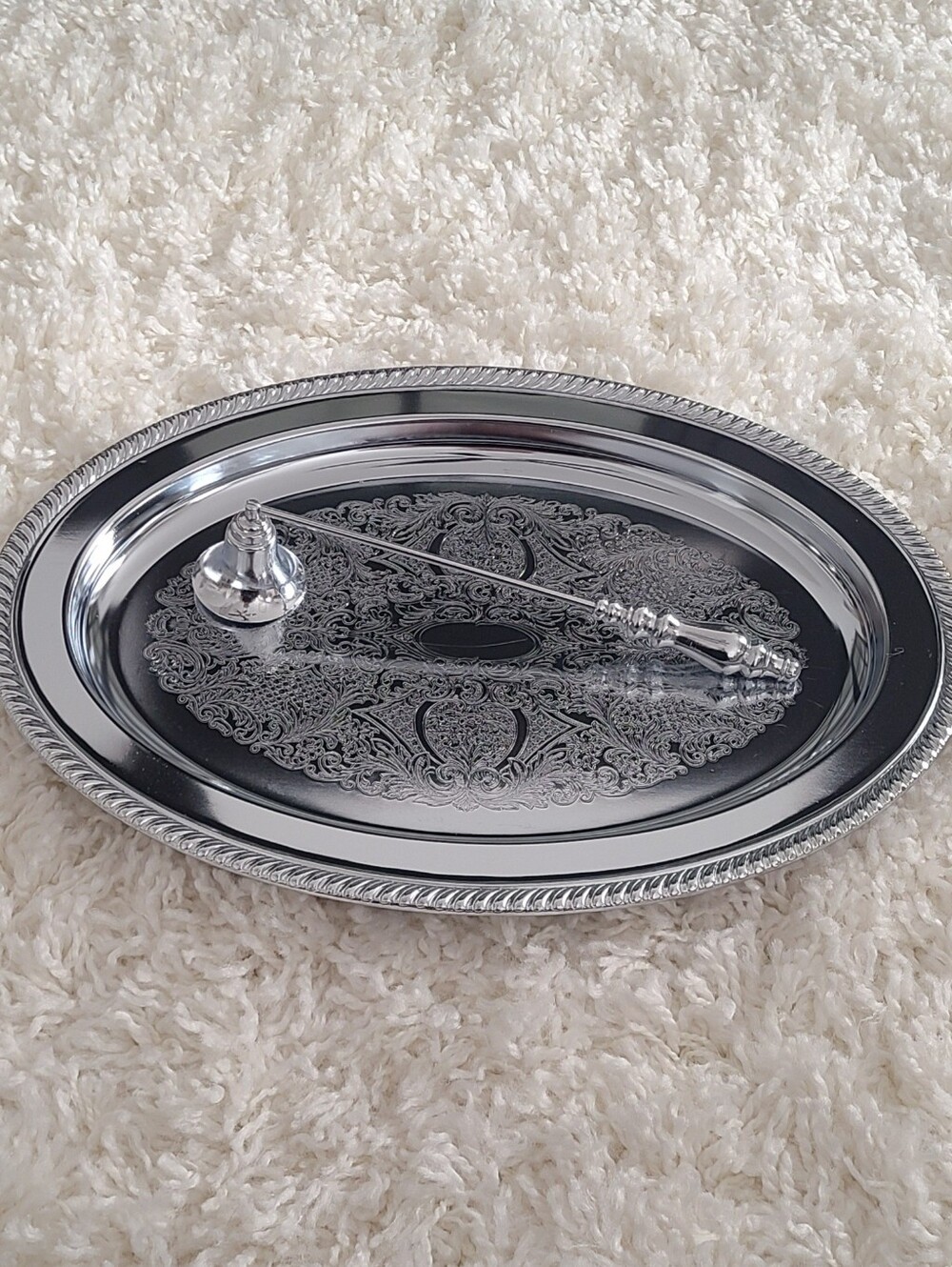 Set of 2 Silver Oval Tray and Silver Candle Snuffer